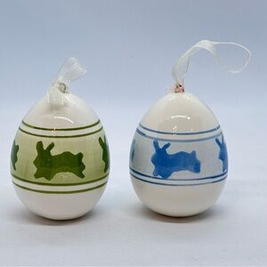 Lot of 2 Ceramic Porcelain Easter Egg Ornaments Bunny Rabbit Design Blue Green